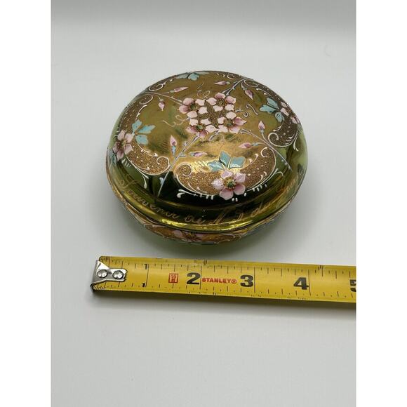 Vintage French Green Hand Painted Gold Rim Dresser Vanity Trinket Box Signed - Picture 9 of 10